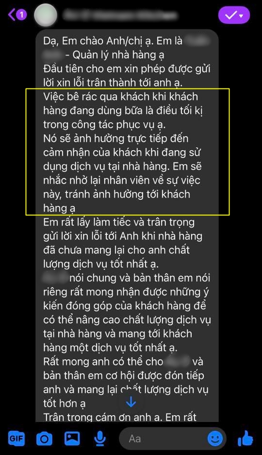 Đi ăn nhà hàng cao cấp ở Hà Nội, khách được "khuyến mãi" ngửi mùi thối do nhân viên hồn nhiên kéo thùng rác ngang qua bàn ăn - Ảnh 2.