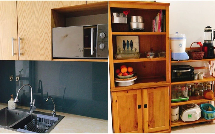 Phòng bếp chỉ rộng 6m² nhưng nhờ kinh nghiệm sắp xếp tối giản mẹ đảm ở Hà Nội vẫn khiến không gian ngăn nắp, gọn gàng