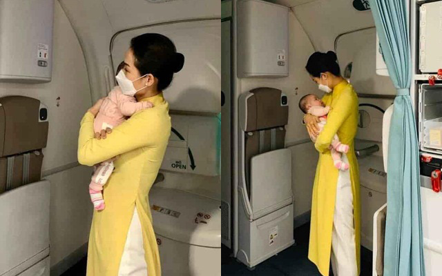 Hình ảnh nữ tiếp viên hàng không tận tình bế ẵm em bé mới 2 tháng tuổi đã phải xa mẹ về Việt Nam được nhiều người nổi tiếng chia sẻ đầy xúc động
