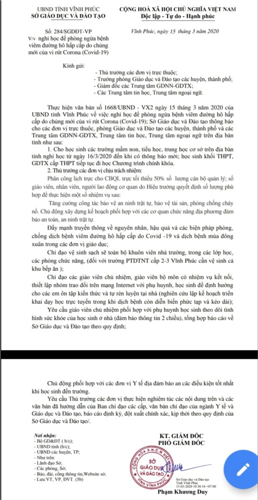 Từ 16/3: Học sinh Mầm non đến THCS ở Vĩnh Phúc sẽ nghỉ học đến khi có thông báo trở lại - Ảnh 1.