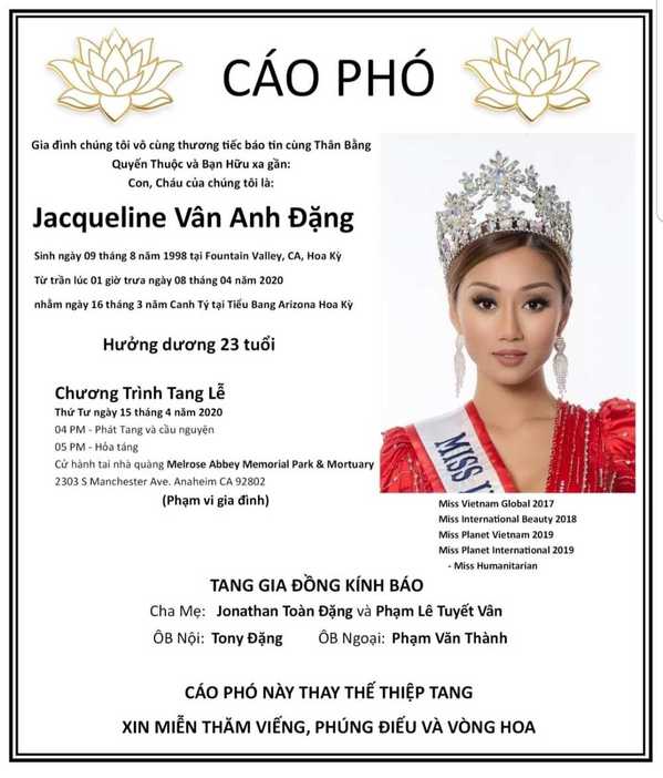 Thông tin hiếm hoi về tang lễ của Hoa hậu 22 tuổi vừa qua đời Jacqueline Đặng - Ảnh 2.