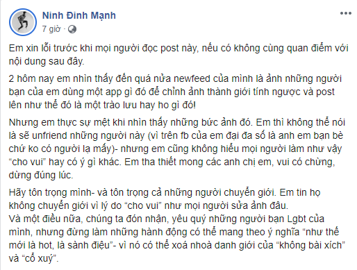 Đinh Mạnh Ninh lên án việc dùng app thay đổi giới tính là không tôn trọng cộng đồng LGBT, dân mạng phản ứng gay gắt - Ảnh 2.