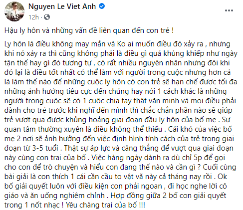Hậu ly hôn vợ cũ, Việt Anh bất ngờ chia sẻ quan điểm về việc để con trai không bị tổn thương sau khi bố mẹ chia tay - Ảnh 1.