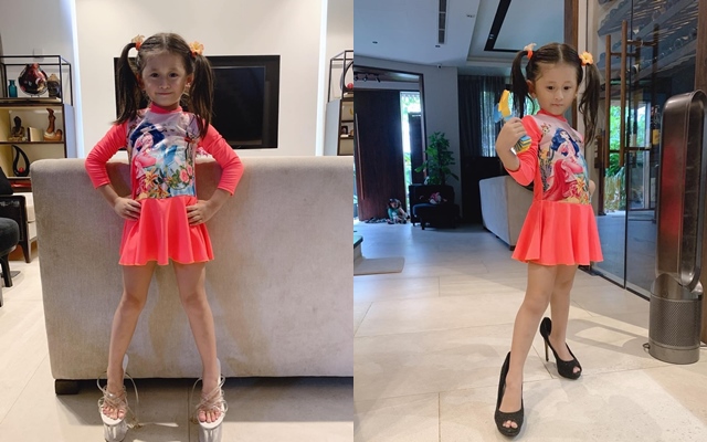 Mới 5 tuổi nhưng con gái Trang Trần đã tạo dáng cực đỉnh với giày cao gót, đến mẹ còn phải đắc ý: &quot;Hổ phụ sinh hổ tử&quot;
