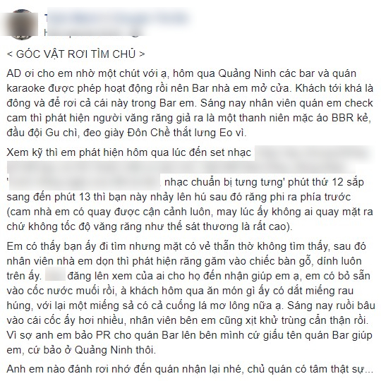 Quẩy bar hết mình, khách rơi luôn bộ răng giả dưới sàn, anh chủ có tâm đem "ngâm nước muối", "xịt khử trùng" nhưng rồi lại bối rối vì không ai đến nhận - Ảnh 1.