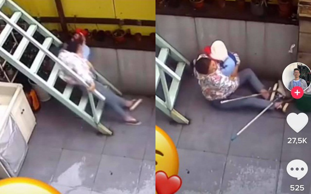 Đang bế con nhỏ thì trượt ngã cầu thang, người mẹ hành động ngay tức khắc theo bản năng khiến ai nhìn cũng thấy cảm động