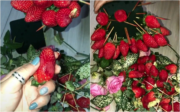 Ngắm bó hoa dâu tây đỏ mọng hấp dẫn với mức giá không hề rẻ, chủ nhân bó hoa ngẩn tò te khi rút ra ăn thấy toàn mùi hôi thối