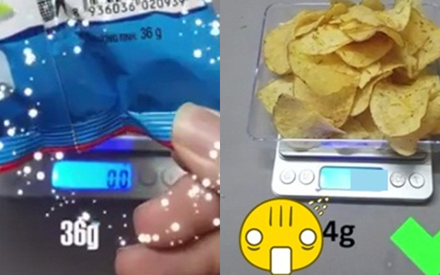 Nhiều người thắc mắc gói bim bim phồng rõ to liệu có chứa đúng lượng đồ ăn như ghi trên bao bì, một lần cân thử này sẽ làm sáng tỏ tất cả