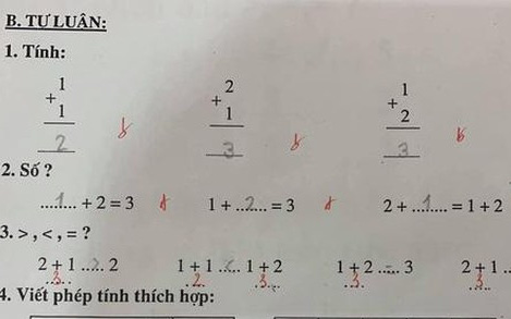 Phụ huynh đăng đàn xin ý kiến vì con ghi 2 + 1 > 1 bị gạch sai, nhiều người bênh giáo viên nhưng dân tình chỉ ra điều chưa hợp lý