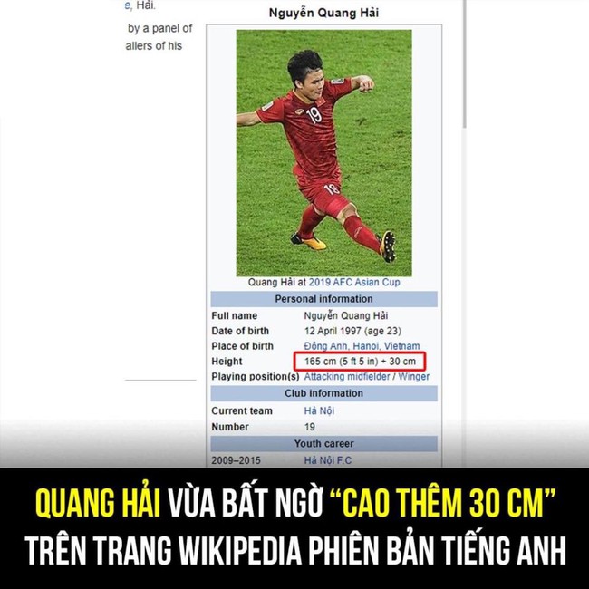 Huỳnh Anh vừa vướng scandal bị tố là "tuesday", Quang Hải bất ngờ cao thêm 30cm trên trang Wikipedia  - Ảnh 2.