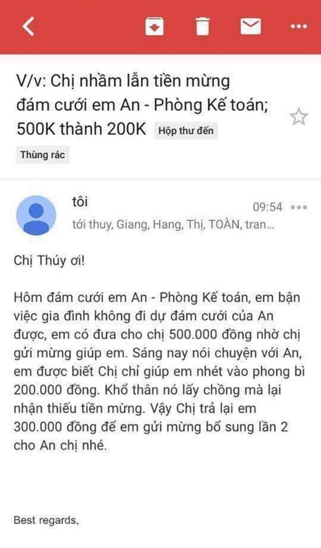 Gửi 500k mừng cưới nhưng đồng nghiệp chỉ bỏ phong bì 200k, cô gái viết mail đòi lại tiền nhưng hành động đính kèm một số người mới thực sự thâm sâu - Ảnh 2.