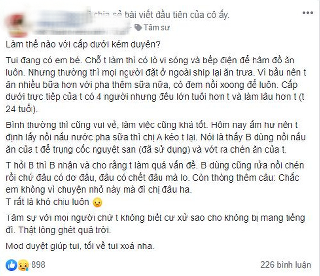 Bị cấp dưới lớn tuổi rửa cốc nguyệt san bằng nồi nấu ăn của mình, nàng công sở cầu cứu cư dân mạng liền được khuyên táo bạo: "Trừng trị nghiêm cho ả ta nhớ đời!" - Ảnh 1.
