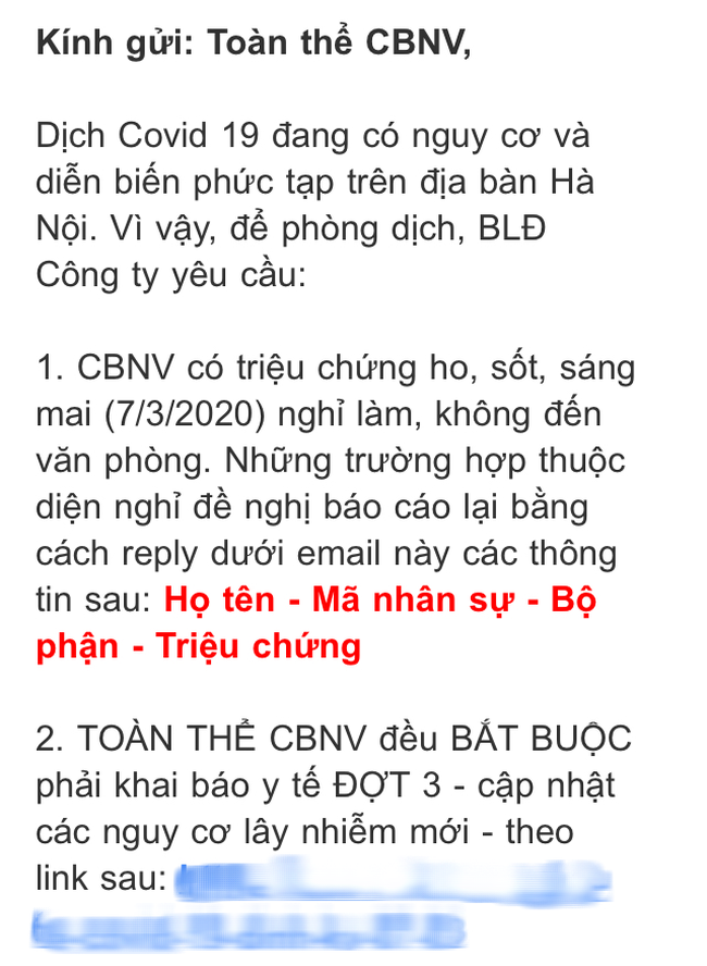 Sau ca nhiễm Covid-19 thứ 17, một công ty ở Hà Nội cho nhân viên làm khảo sát, ai có biểu hiện ốm sốt đc tạm nghỉ để chờ chỉ đạo - Ảnh 1.