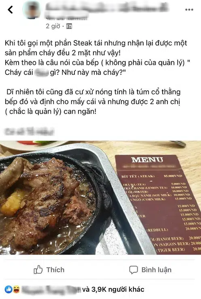 Gọi 1 phần steak tái nhưng đầu bếp mang ra phần cháy đều 2 mặt, khách phàn nàn liền bị chửi "vuốt mặt không kịp" - Ảnh 1.