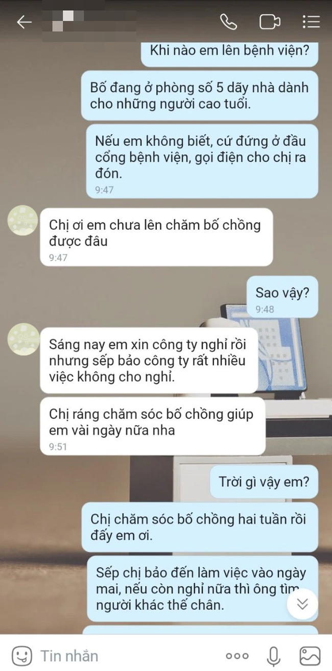 Lo sợ bị đuổi việc vì nghỉ 2 tuần chăm sóc bố chồng nên tôi đã bảo em dâu thay chân, nào ngờ nhận được câu trả lời choáng váng - Ảnh 1.