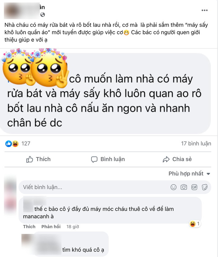 Giúp việc tuyên bố chỉ đến trông trẻ với điều kiện chủ nhà phải sắm máy rửa bát, máy sấy quần áo, robot lau nhà khiến mẹ bỉm 